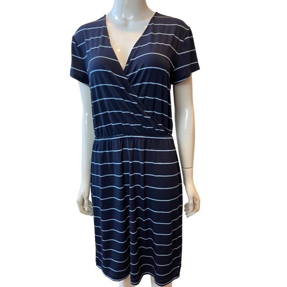 Banana Republic Women Stripe Faux Wrap Midi Dress V Neck Cap Sleeve Blue White M - Picture 2 of 8